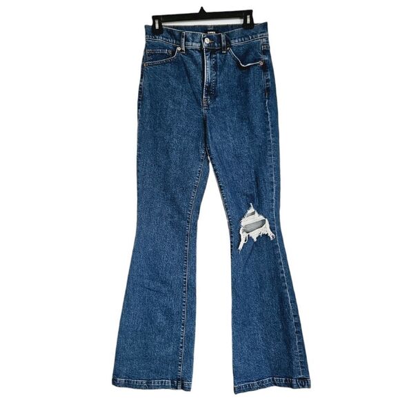 Express High Rise Flare Rigid Denim Dark Wash '70s Inspired Full Length Jeans 6 - Picture 2 of 10